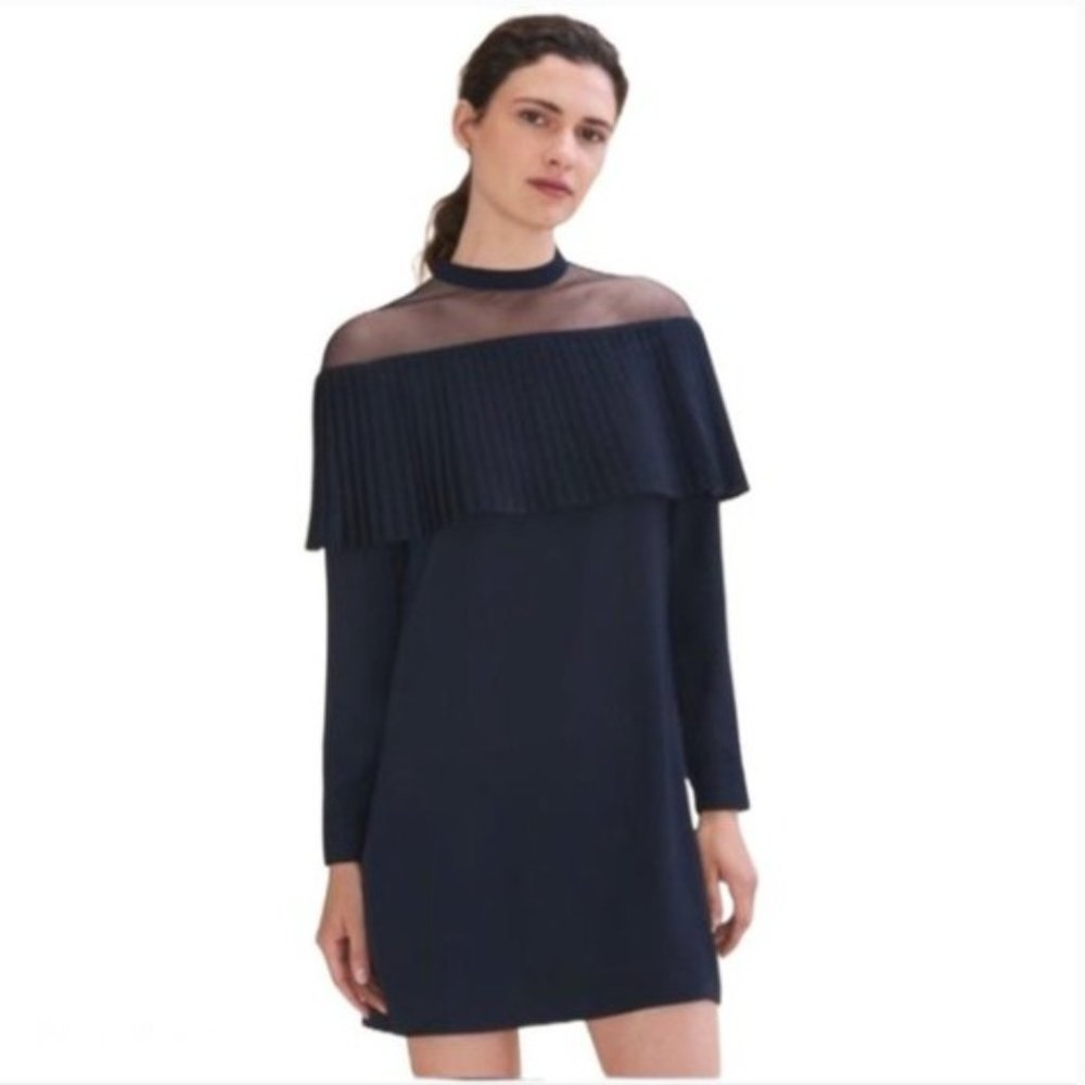 Maje Remia Pleated Illusion Neckline Long Sleeve Shift Dress Navy - Picture 1 of 6